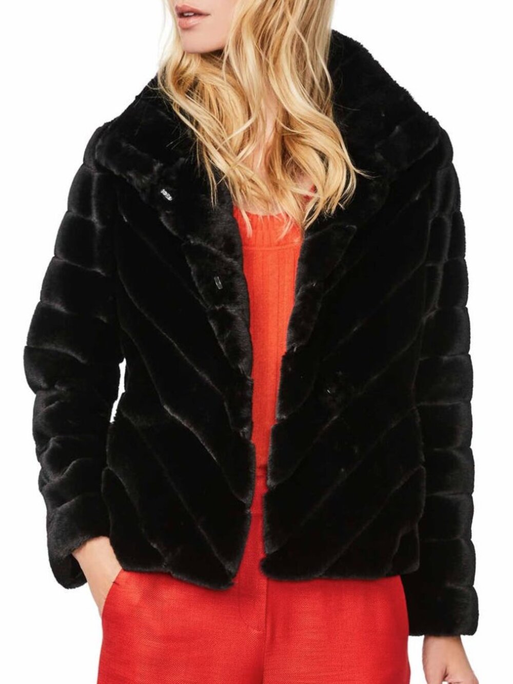 Bernardo black luxe faux fur textured chevron  short jacket coat, m (fits l)